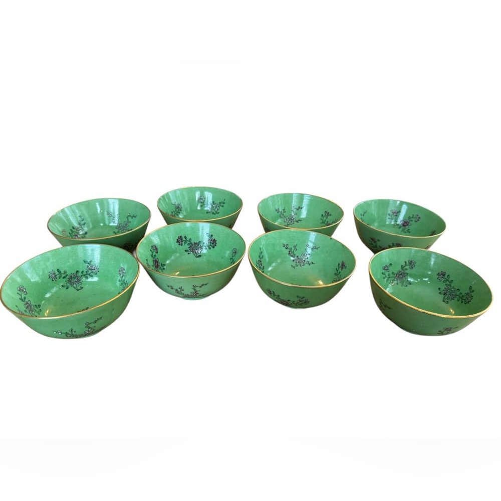 Vintage Japanese Porcelain Ware Green Floral Bowls Set of 8 Gold Rim Cottagecore